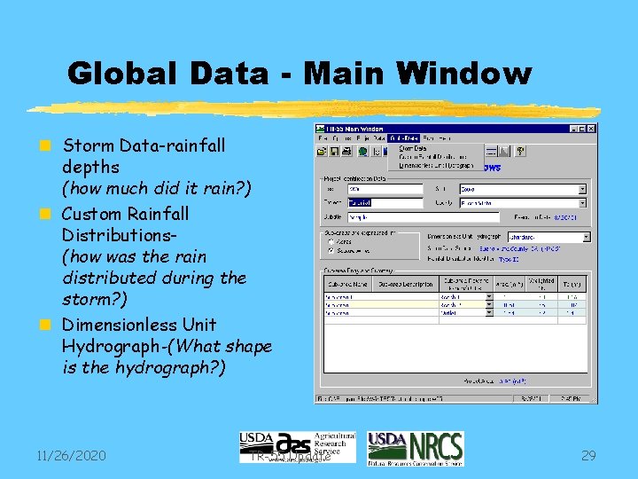 Global Data - Main Window n Storm Data-rainfall depths (how much did it rain?