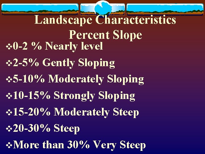 v 0 -2 Landscape Characteristics Percent Slope % Nearly level v 2 -5% Gently