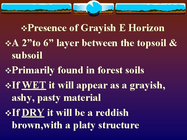 v. Presence of Grayish E Horizon v. A 2”to 6” layer between the topsoil