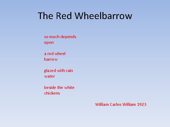 The Red Wheelbarrow so much depends upon a red wheel barrow glazed with rain