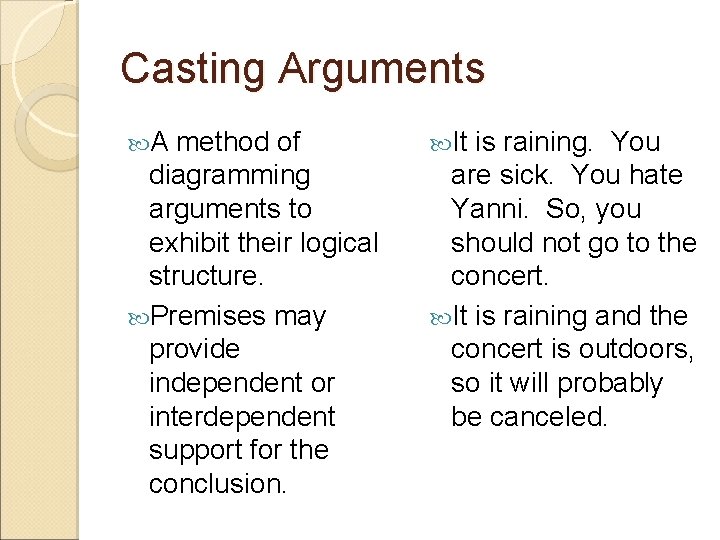 Casting Arguments A method of It is raining. You diagramming arguments to exhibit their