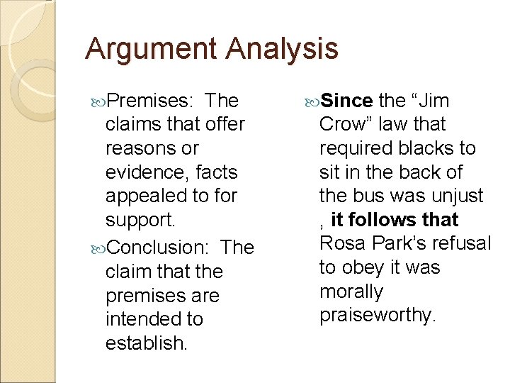 Argument Analysis Premises: The claims that offer reasons or evidence, facts appealed to for