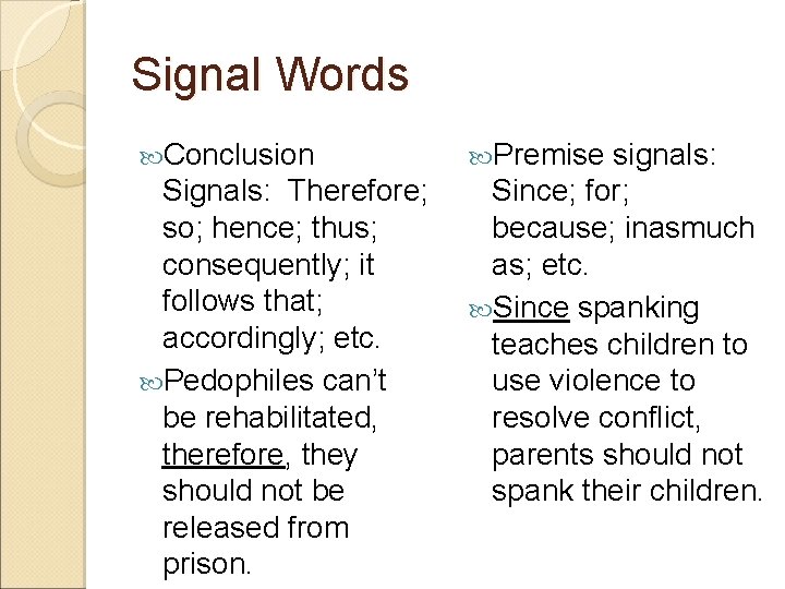 Signal Words Conclusion Premise signals: Signals: Therefore; so; hence; thus; consequently; it follows that;