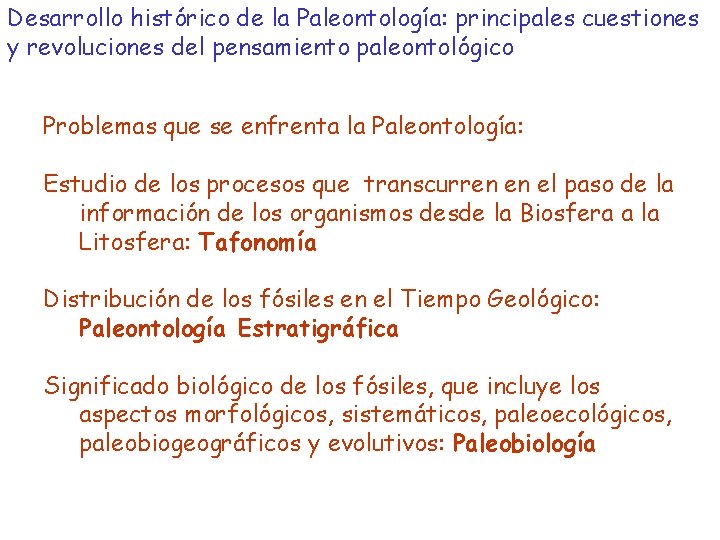 Desarrollo histórico de la Paleontología: principales cuestiones y revoluciones del pensamiento paleontológico Problemas que