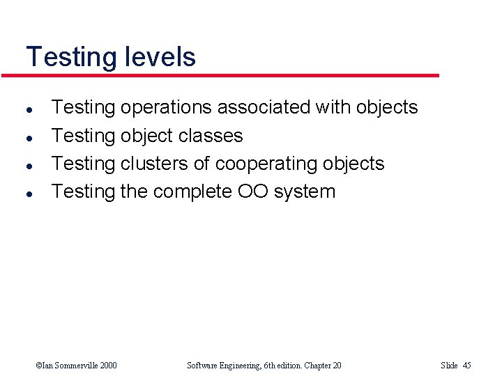 Testing levels l l Testing operations associated with objects Testing object classes Testing clusters Testing levels l l Testing operations associated with objects Testing object classes Testing clusters