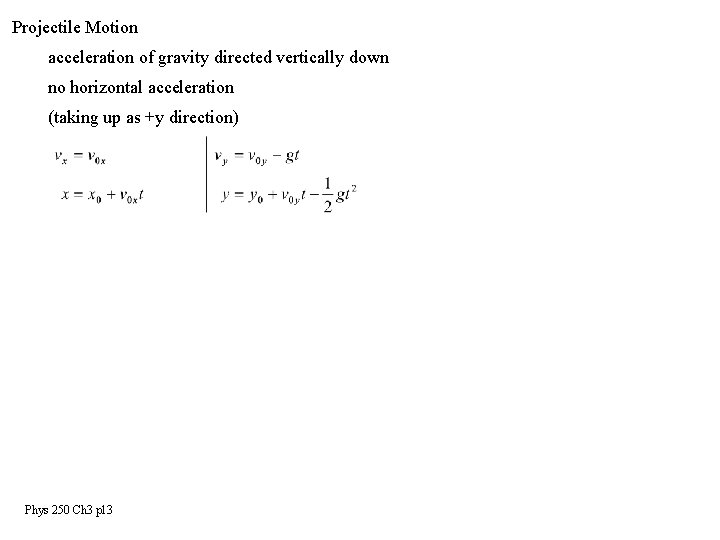 Projectile Motion acceleration of gravity directed vertically down no horizontal acceleration (taking up as