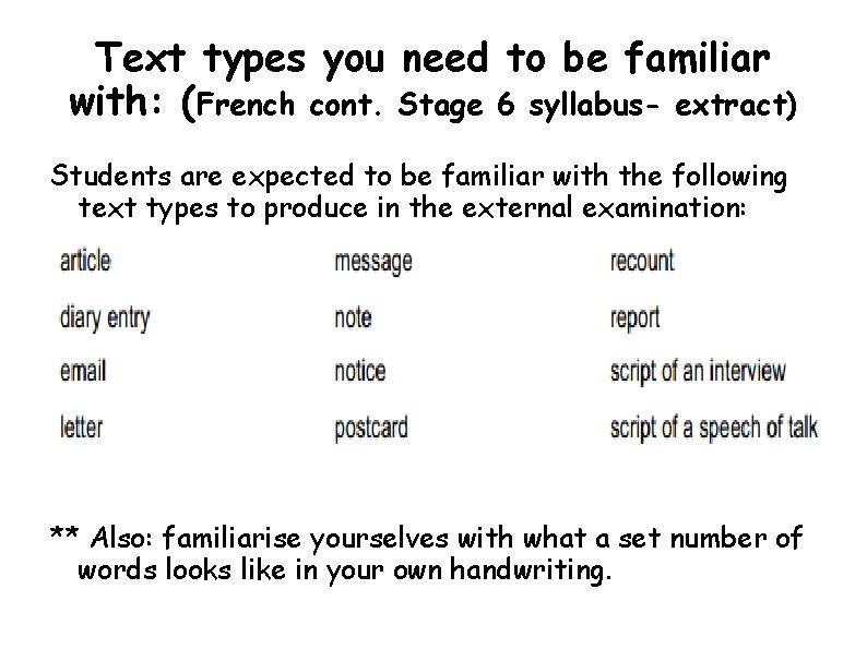 Text types you need to be familiar with: (French cont. Stage 6 syllabus- extract) Text types you need to be familiar with: (French cont. Stage 6 syllabus- extract)