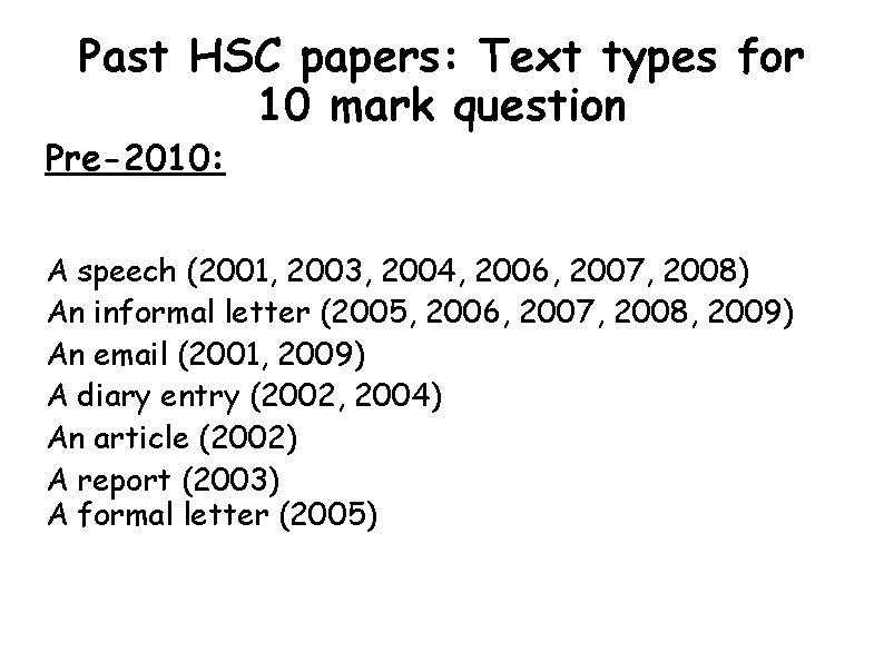 Past HSC papers: Text types for 10 mark question Pre-2010: A speech (2001, 2003, Past HSC papers: Text types for 10 mark question Pre-2010: A speech (2001, 2003,