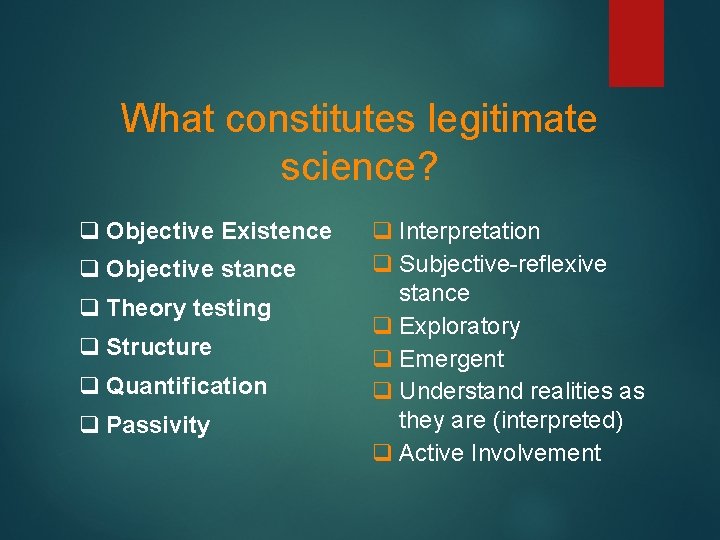 What constitutes legitimate science? q Objective Existence q Objective stance q Theory testing q