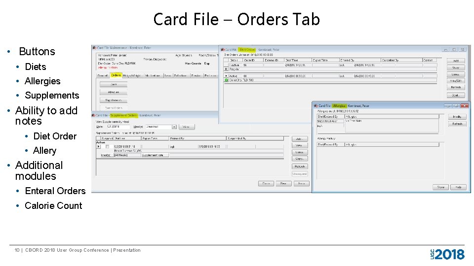 Card File – Orders Tab • Buttons • Diets • Allergies • Supplements •