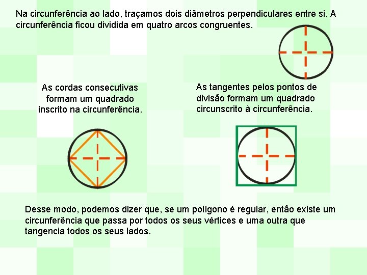 Na circunferência ao lado, traçamos dois diâmetros perpendiculares entre si. A circunferência ficou dividida