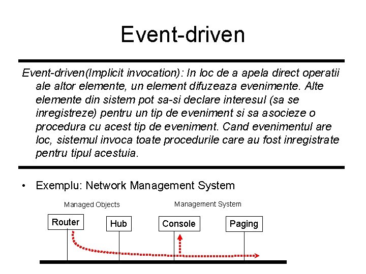 Event-driven(Implicit invocation): In loc de a apela direct operatii ale altor elemente, un element