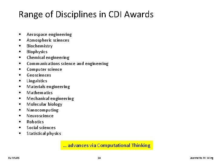 Range of Disciplines in CDI Awards • • • • • Aerospace engineering Atmospheric