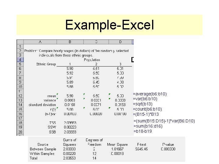Example-Excel =average(b 6: b 10) =var(b 6: b 10) =sqrt(b 13) =count(b 6: b Example-Excel =average(b 6: b 10) =var(b 6: b 10) =sqrt(b 13) =count(b 6: b