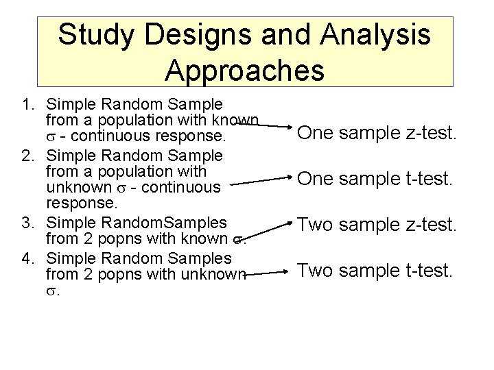 Study Designs and Analysis Approaches 1. Simple Random Sample from a population with known Study Designs and Analysis Approaches 1. Simple Random Sample from a population with known