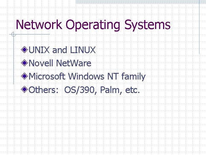 Network Operating Systems UNIX and LINUX Novell Net. Ware Microsoft Windows NT family Others: Network Operating Systems UNIX and LINUX Novell Net. Ware Microsoft Windows NT family Others: