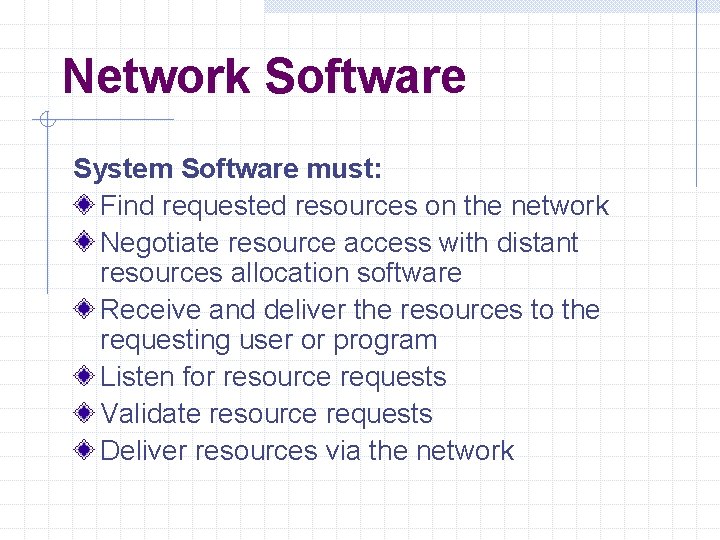 Network Software System Software must: Find requested resources on the network Negotiate resource access Network Software System Software must: Find requested resources on the network Negotiate resource access