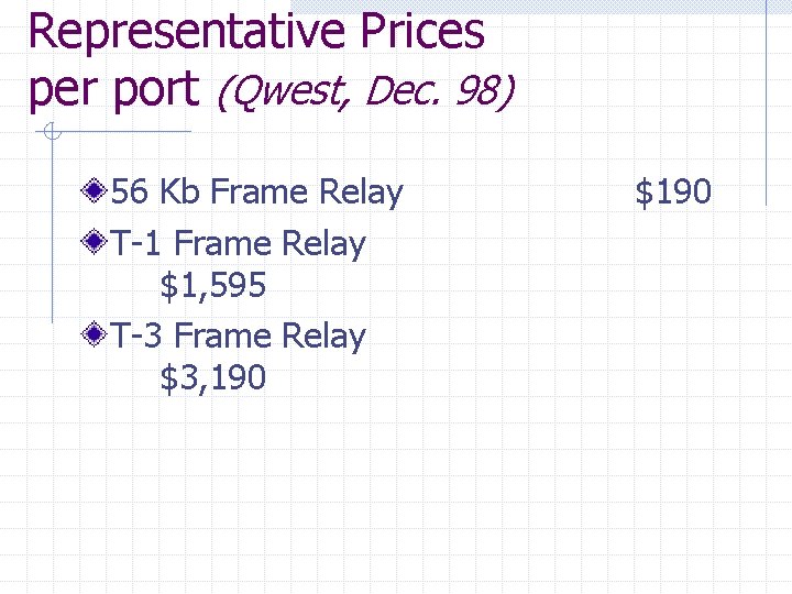Representative Prices per port (Qwest, Dec. 98) 56 Kb Frame Relay T-1 Frame Relay Representative Prices per port (Qwest, Dec. 98) 56 Kb Frame Relay T-1 Frame Relay