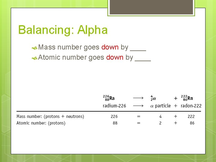 Balancing: Alpha Mass number goes down by ____ Atomic number goes down by ____