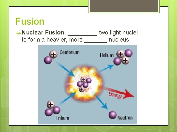 Fusion Nuclear Fusion: _____ two light nuclei to form a heavier, more _______ nucleus