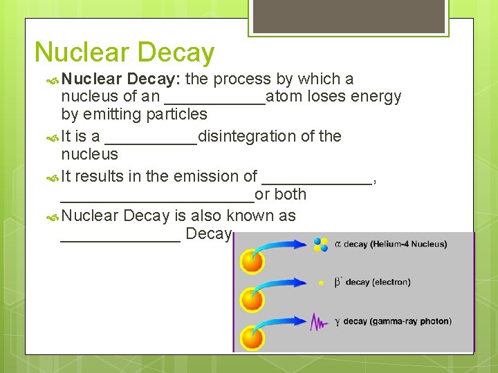 Nuclear Decay Nuclear Decay: the process by which a nucleus of an ______atom loses