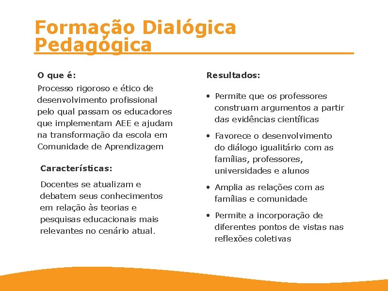 Formação Dialógica Pedagógica O que é: Processo rigoroso e ético de desenvolvimento profissional pelo
