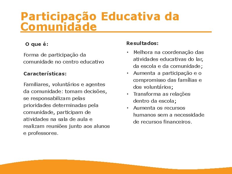 Participação Educativa da Comunidade O que é: Forma de participação da comunidade no centro