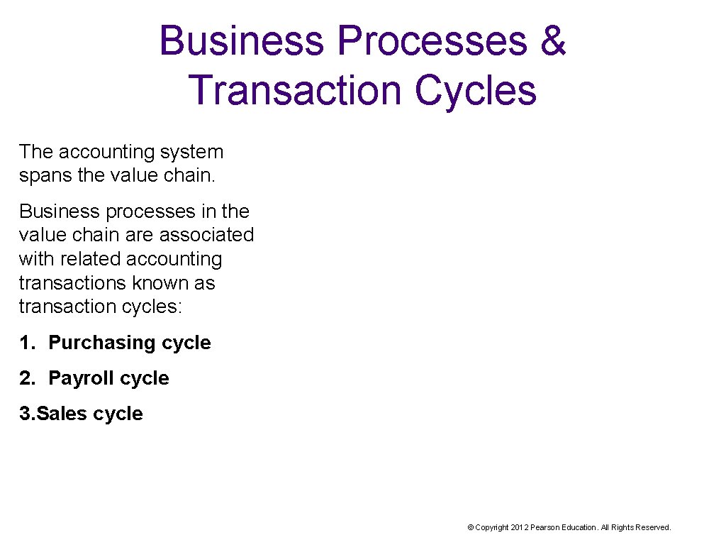 Business Processes & Transaction Cycles The accounting system spans the value chain. Business processes