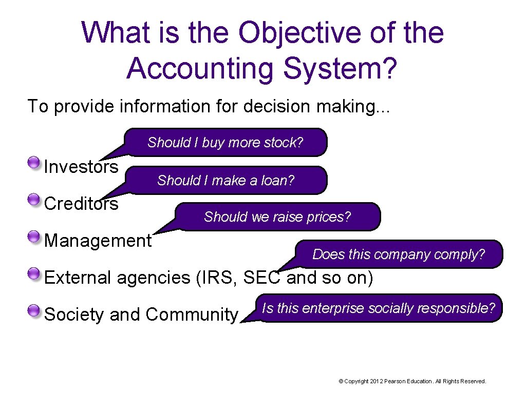 What is the Objective of the Accounting System? To provide information for decision making.