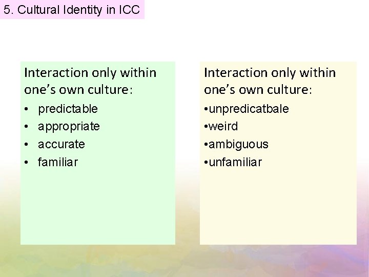 5. Cultural Identity in ICC Interaction only within one’s own culture: • • •