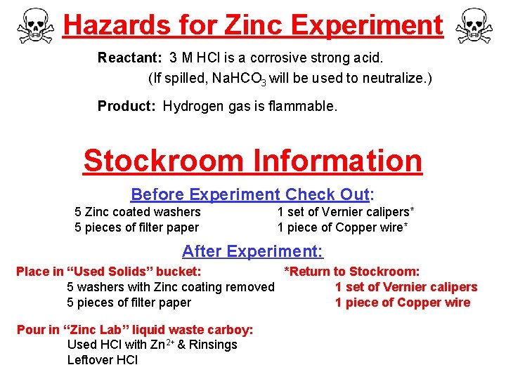 Hazards for Zinc Experiment Reactant: 3 M HCl is a corrosive strong acid. (If