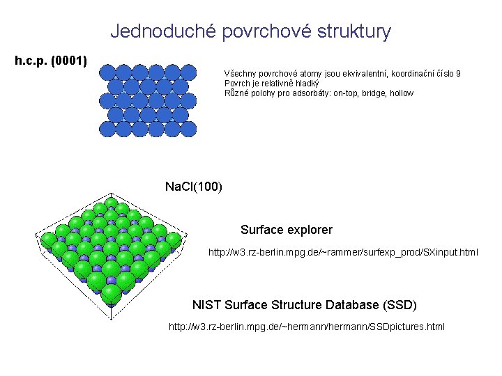 Jednoduché povrchové struktury h. c. p. (0001) Všechny povrchové atomy jsou ekvivalentní, koordinační číslo