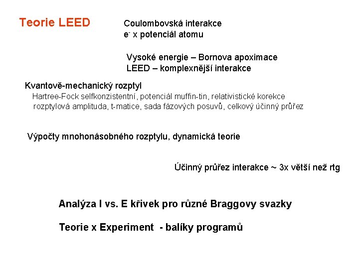 Teorie LEED Coulombovská interakce e- x potenciál atomu Vysoké energie – Bornova apoximace LEED