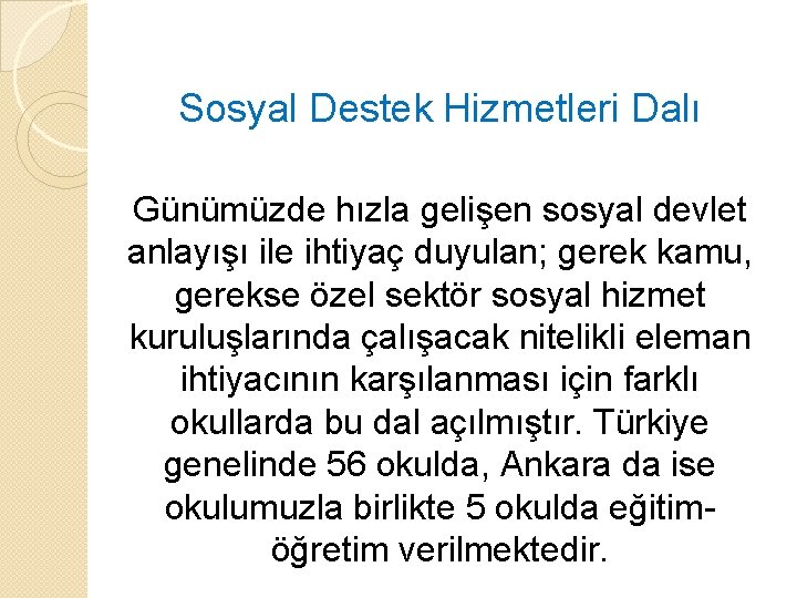 Sosyal Destek Hizmetleri Dalı Günümüzde hızla gelişen sosyal devlet anlayışı ile ihtiyaç duyulan; gerek