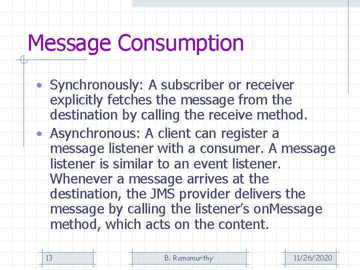 Message Consumption • Synchronously: A subscriber or receiver explicitly fetches the message from the Message Consumption • Synchronously: A subscriber or receiver explicitly fetches the message from the