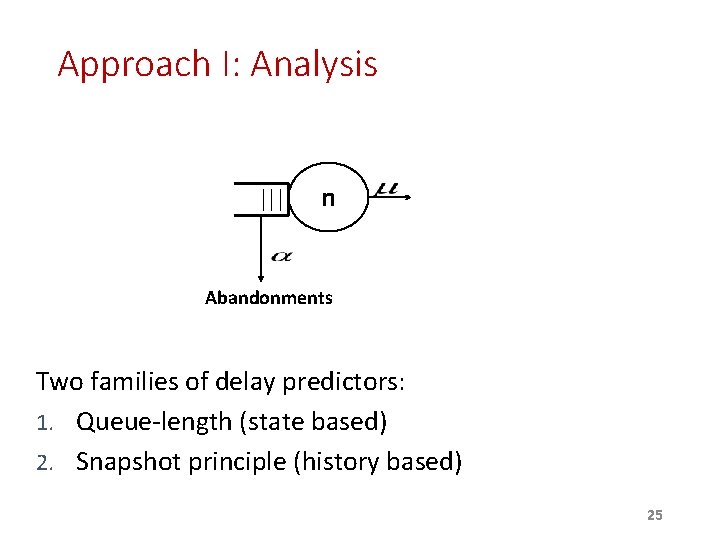 Approach I: Analysis n Abandonments Two families of delay predictors: 1. Queue-length (state based) Approach I: Analysis n Abandonments Two families of delay predictors: 1. Queue-length (state based)