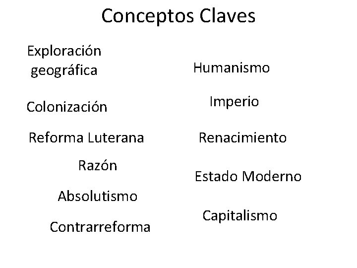 Conceptos Claves Exploración geográfica Humanismo Colonización Imperio Reforma Luterana Razón Renacimiento Estado Moderno Absolutismo