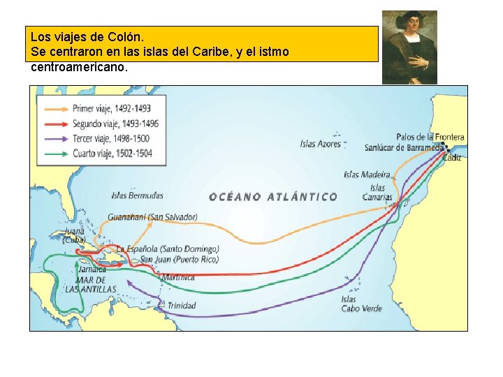 Los viajes de Colón. Se centraron en las islas del Caribe, y el istmo
