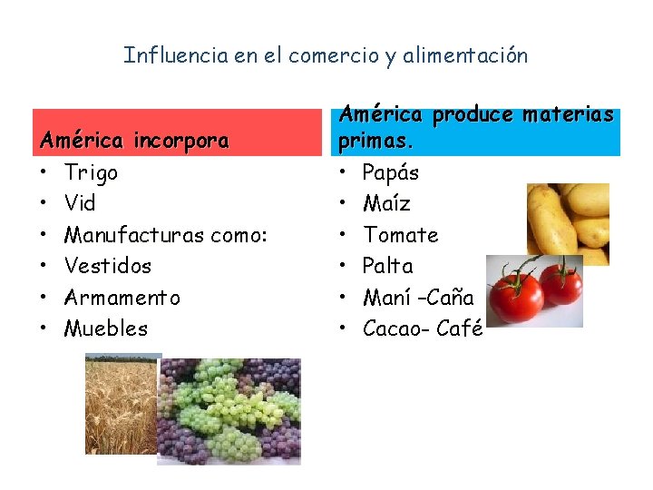 Influencia en el comercio y alimentación América incorpora • Trigo • Vid • Manufacturas