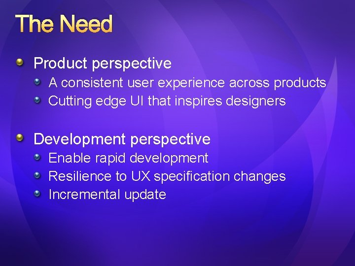 The Need Product perspective A consistent user experience across products Cutting edge UI that