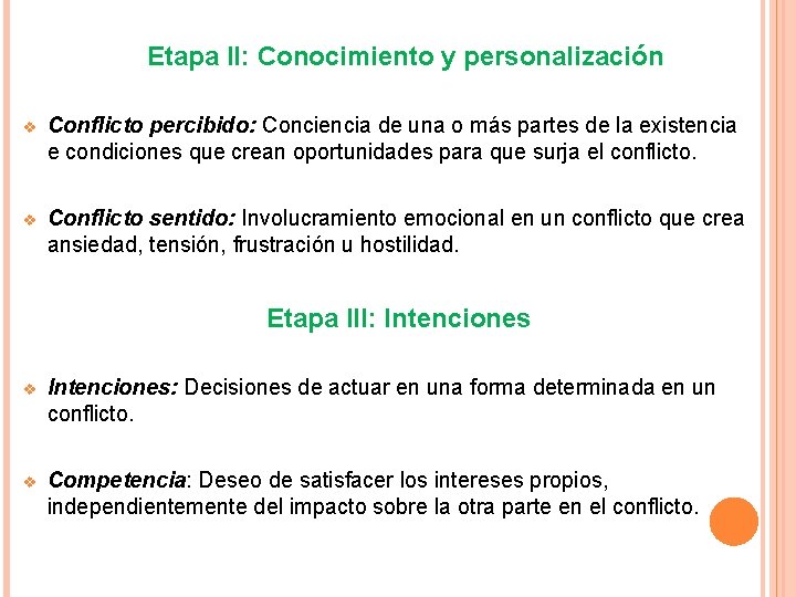 Etapa II: Conocimiento y personalización v Conflicto percibido: Conciencia de una o más partes