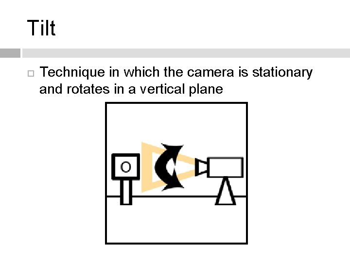 Tilt Technique in which the camera is stationary and rotates in a vertical plane