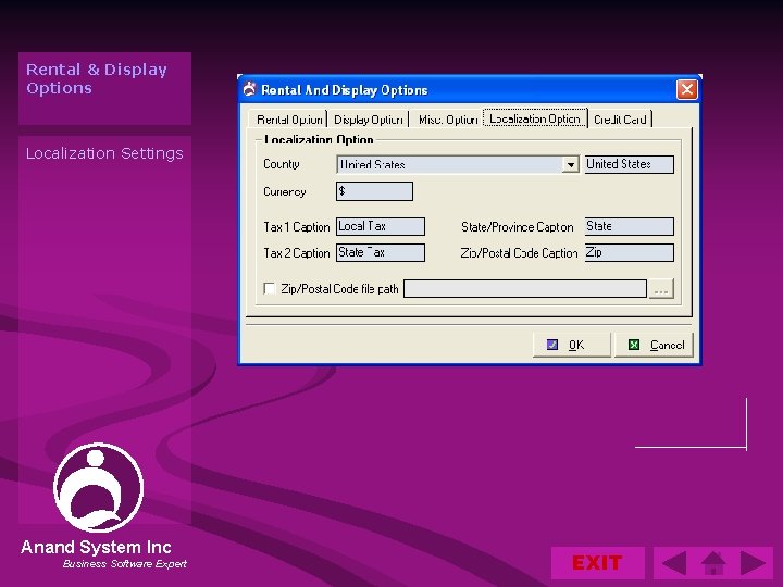 Rental & Display Options Localization Settings Anand System Inc Business Software Expert EXIT 