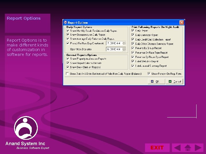 Report Options is to make different kinds of customization in software for reports. Anand