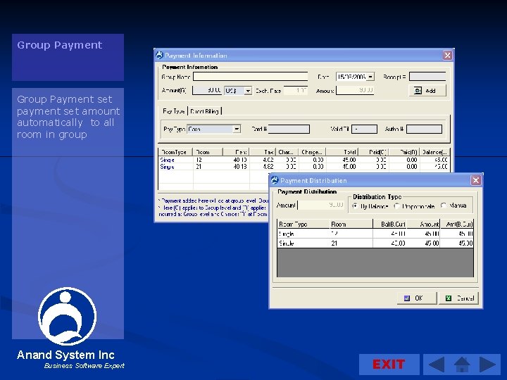 Group Payment set payment set amount automatically to all room in group Anand System