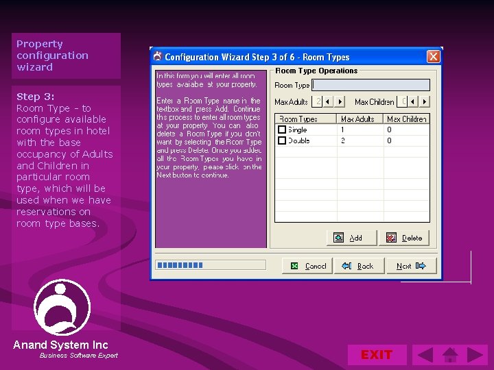 Property configuration wizard Step 3: Room Type - to configure available room types in