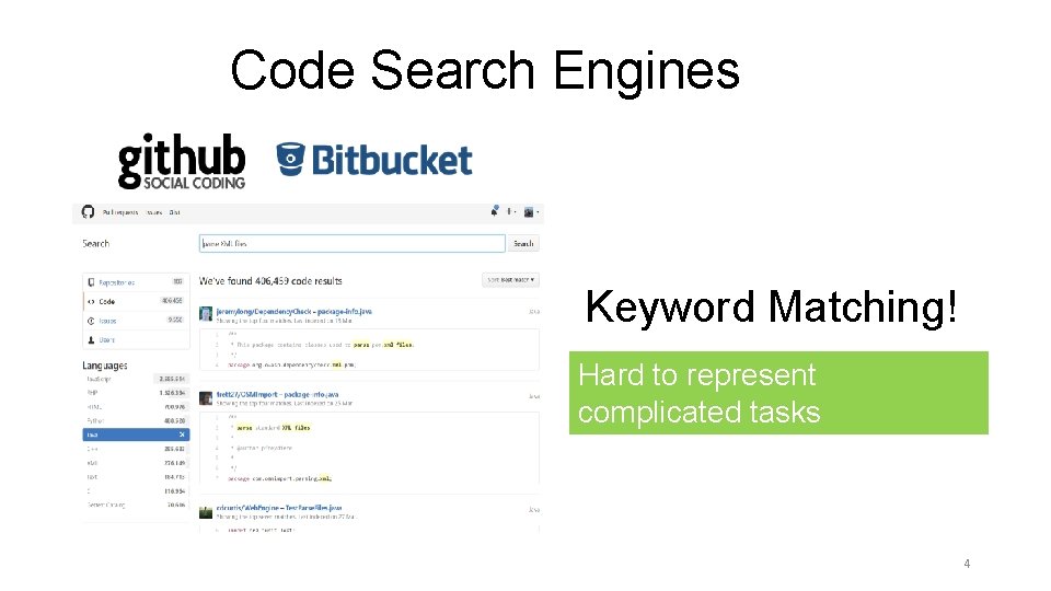 Code Search Engines Keyword Matching! Hard to represent complicated tasks 4 Code Search Engines Keyword Matching! Hard to represent complicated tasks 4