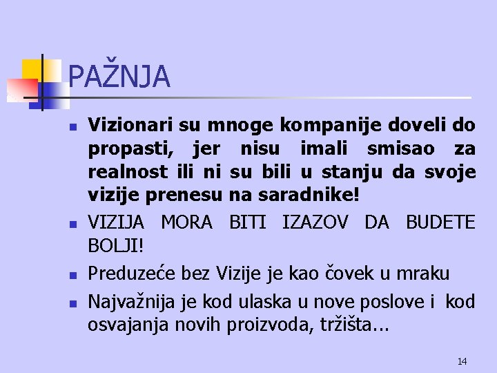 PAŽNJA n n Vizionari su mnoge kompanije doveli do propasti, jer nisu imali smisao