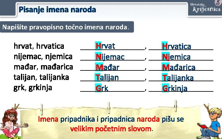 Pisanje imena naroda Napišite pravopisno točno imena naroda. hrvat, hrvatica nijemac, njemica mađar, mađarica