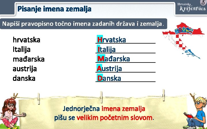 Pisanje imena zemalja Napiši pravopisno točno imena zadanih država i zemalja. hrvatska Italija mađarska